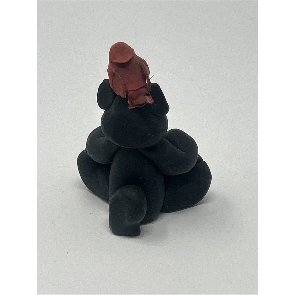 NEW Handmade Polymer Clay Figurine Black Cat w/ Bird Seed Bag & Cardinal on Head